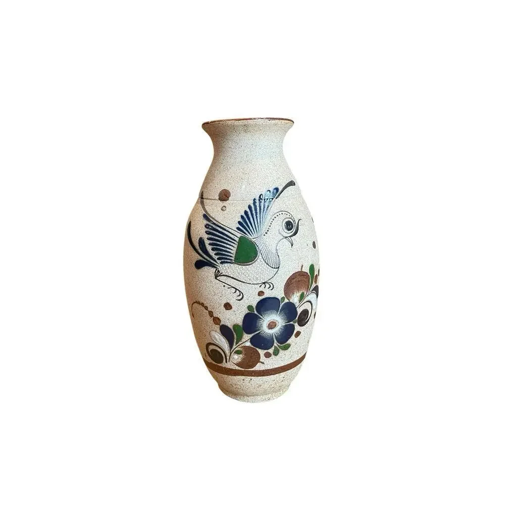 Mexican Tonala Vase Folk Art Stoneware Vase with Bird and Flower Detail